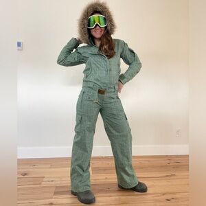 Vintage Obermeyer Insulated plaid ski suit faux fur hood size 4